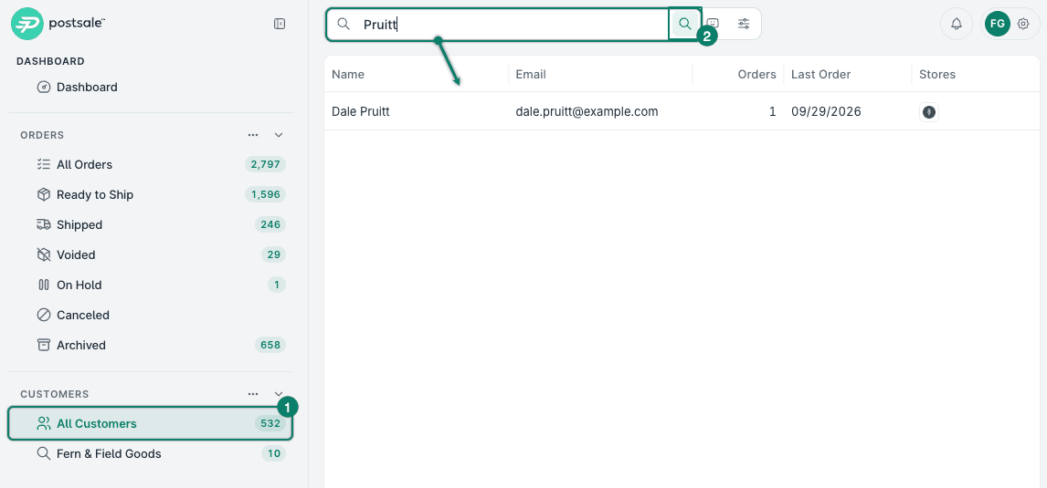 The All Customers filter is selected and Pruitt is entered as the search. One customer is returned.
