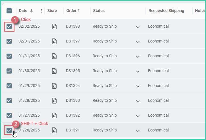 The shift key is pressed while selecting orders.