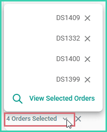 The selected orders are shown in the footer of the orders grid.