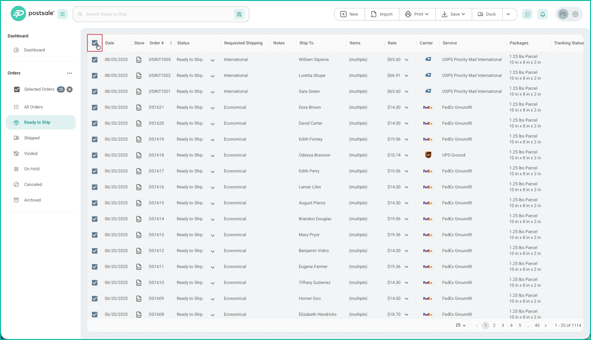 The orders grid is shown with all orders selected.