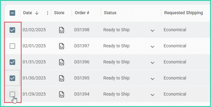 The select orders checkboxes are being used to select or deselect orders.