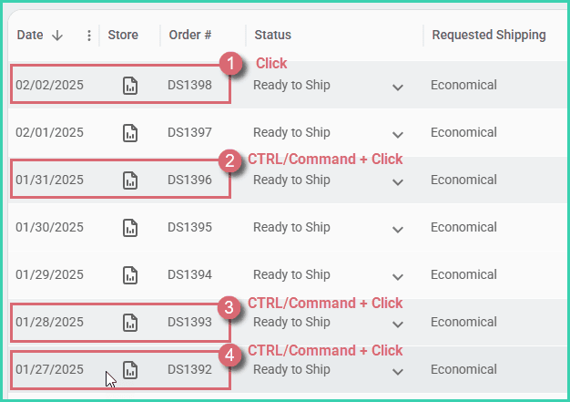 Non consecutive orders are being selected by holding the CTRL or Command key while clicking.