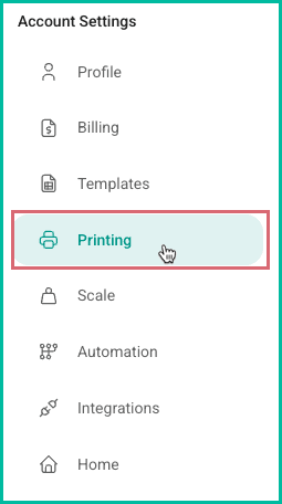 Printing is selected in the Account Settings menu.