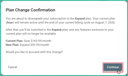 The Plan Change Confirmation pop-up showing the billing-cycle effective date with the Continue button outlined.