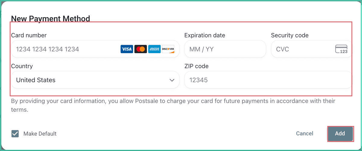 The New Payment Method pop-up with the payment fields and Add button outlined.