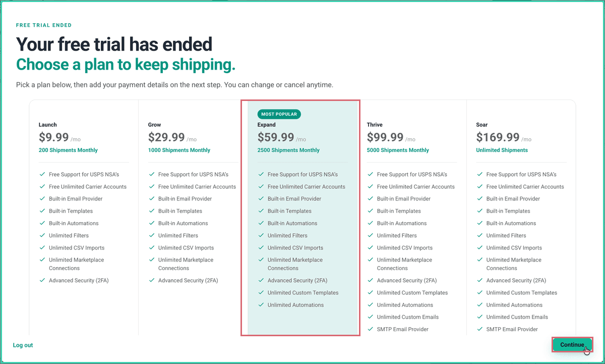 The trial-ended pop-up with an example plan and the Continue button outlined.