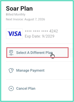 The Billing page with Select A Different Plan outlined.