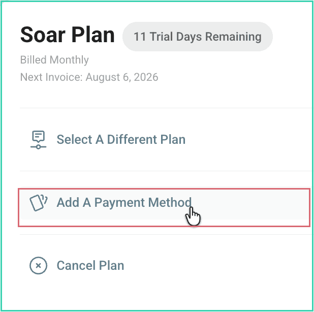 The Billing page with Add A Payment Method outlined.
