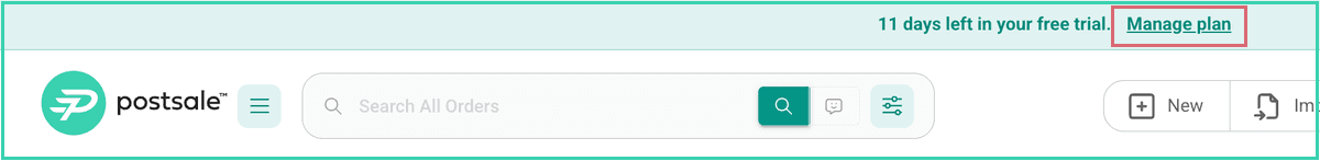 The trial banner at the top of Postsale with the Manage plan link outlined.