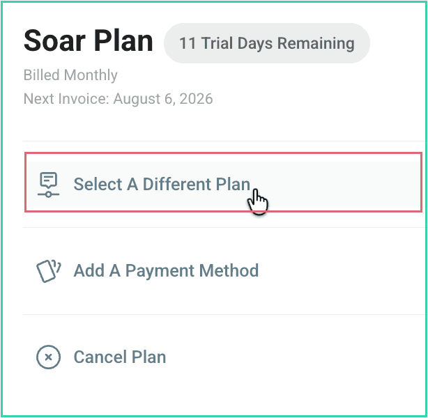 Select a different plan is being clicked.