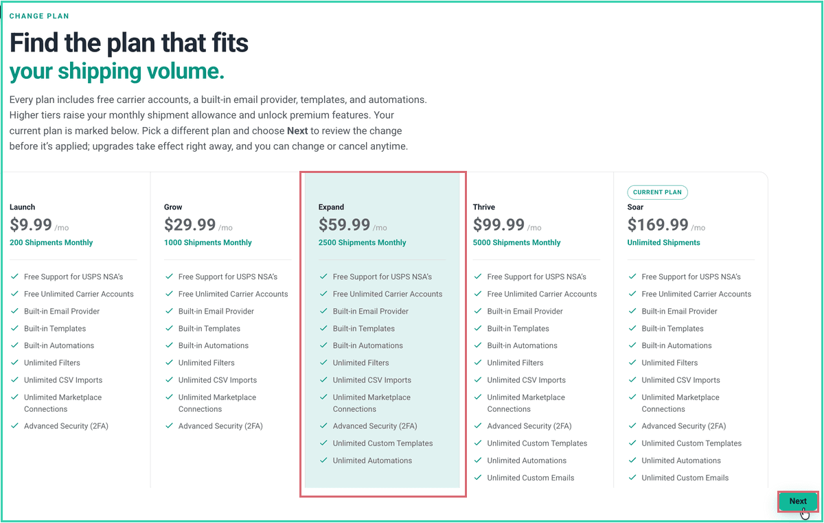 The Change Plan page with an example plan and the Next button outlined.