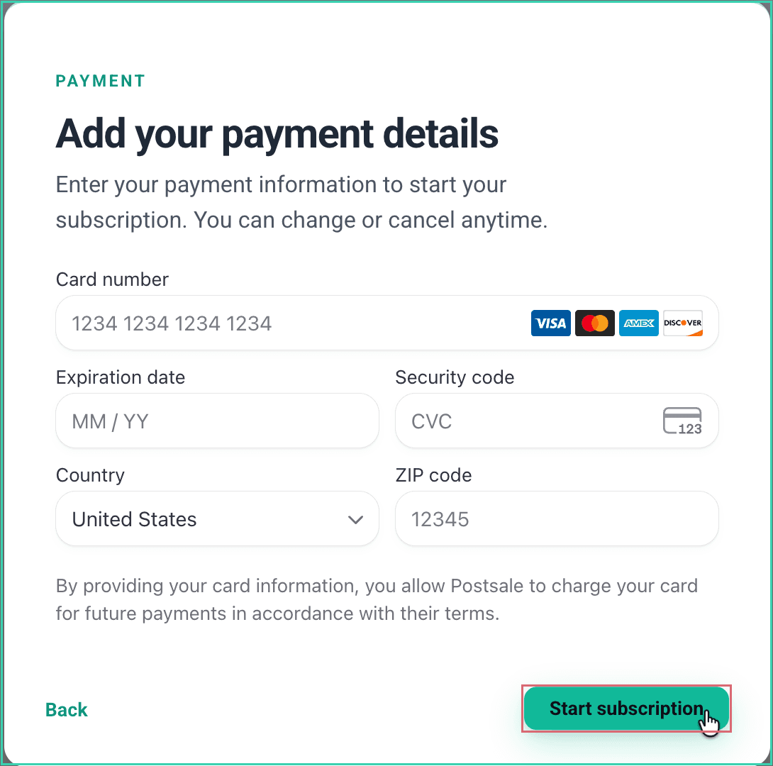 The payment details screen with the Start subscription button outlined.