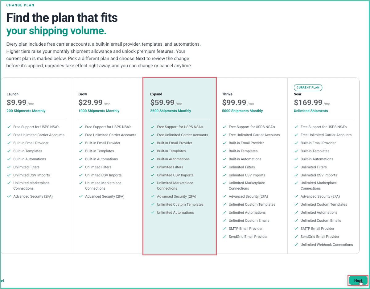 The Change Plan page with an example plan and the Next button outlined.
