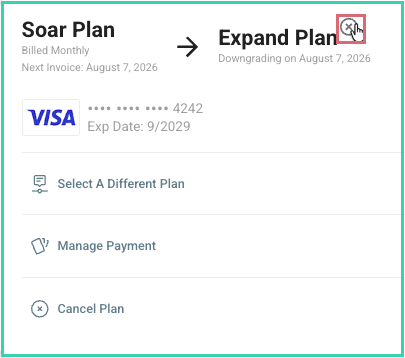 The Billing page showing a pending plan change with the X cancellation control outlined.