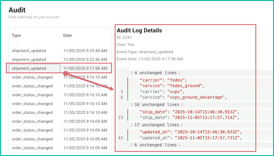 A log has been selected and the audit log details are displayed.
