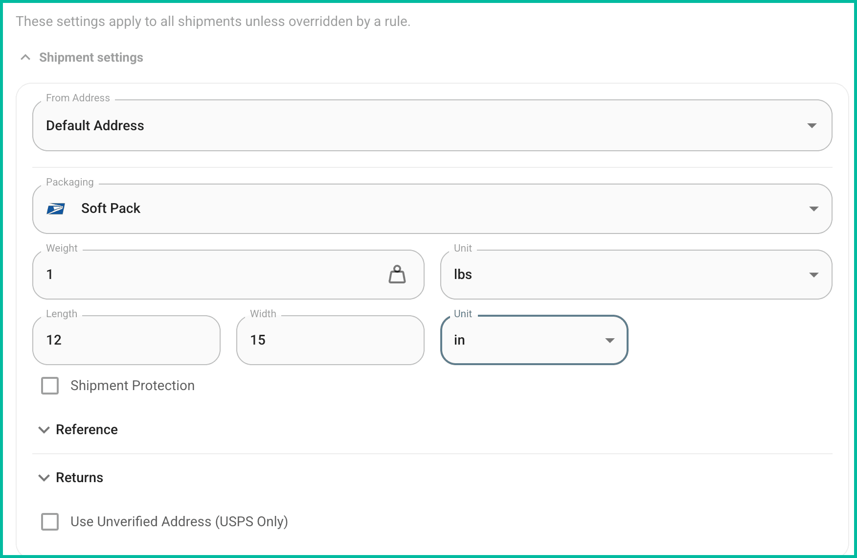 The default shipping settings are displayed.