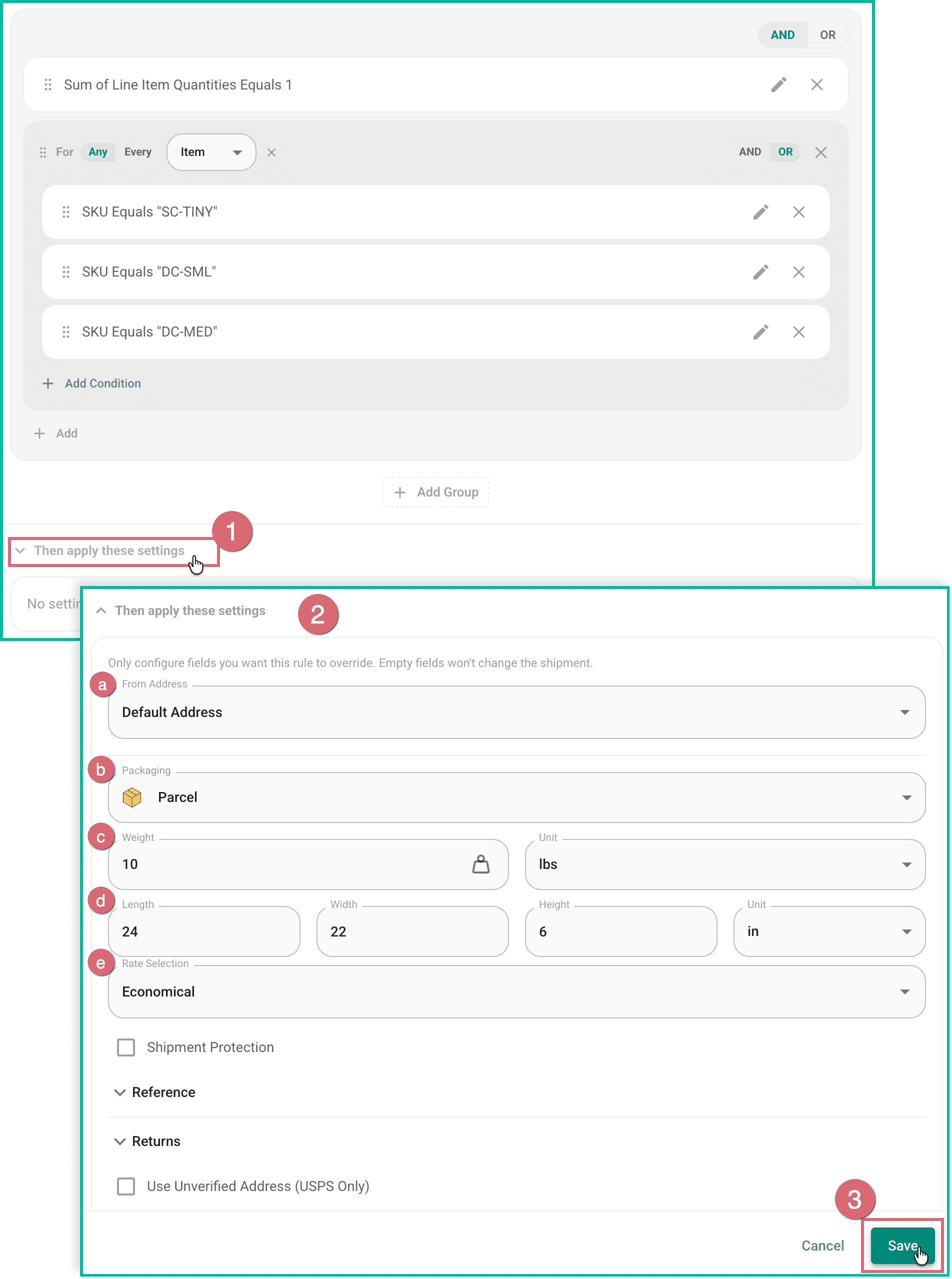 The shipping settings are being configured for the rule.