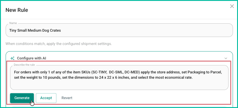 The description of the rule is entered and the Generate button is being clicked.