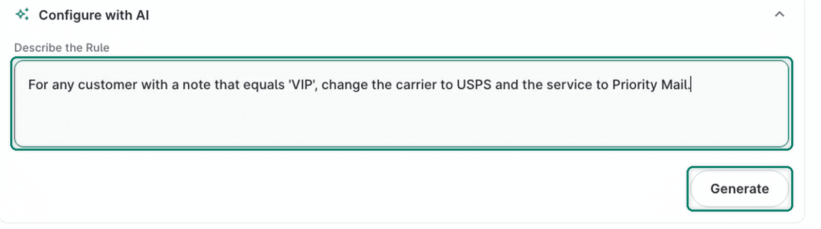The prompt has been typed into the Describe the Rule field. Generate is being clicked.
