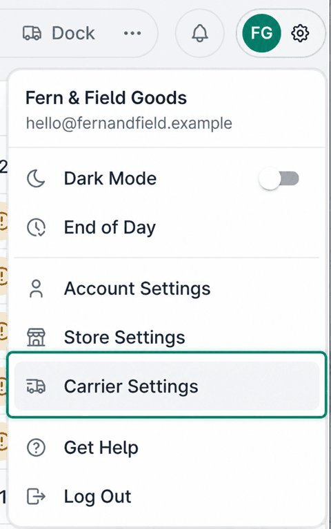 Carrier Settings is highlighted in the settings menu for Fern & Field Goods.