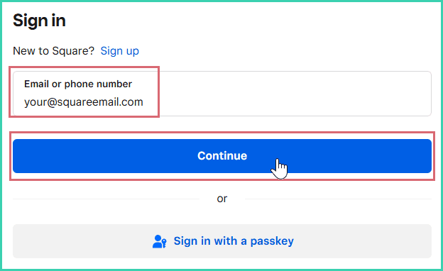 The Square login email address has been entered and the continue button is being clicked.