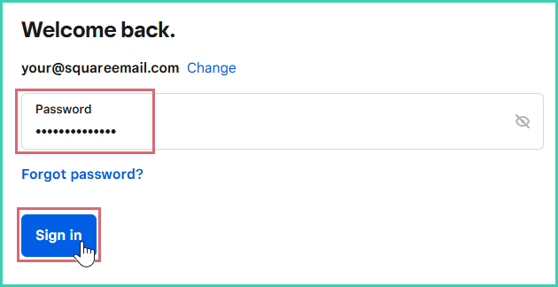 The square password has been entered and the sign in button is being clicked.