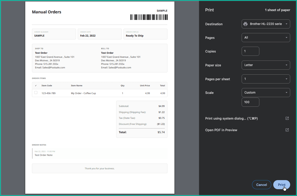 The print dialog is open, the invoice is shown and a printer has been selected.