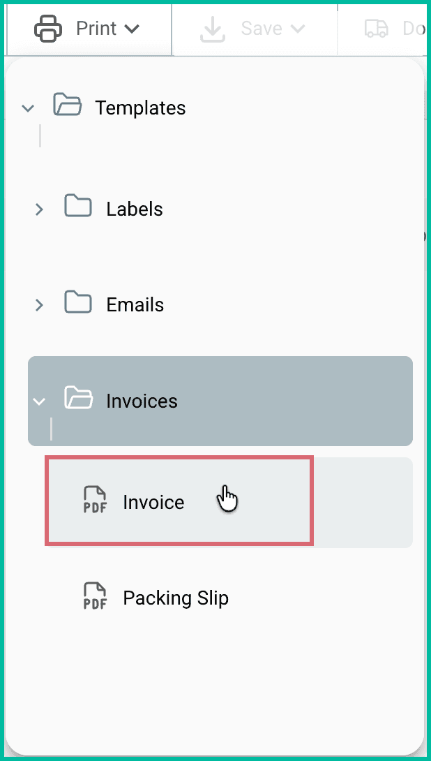 The invoice template is selected in the Print menu.