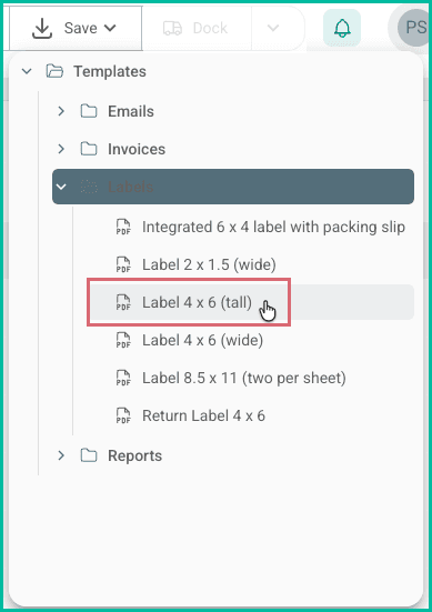 The save button is clicked and the 4x6 inch label template is being selected.