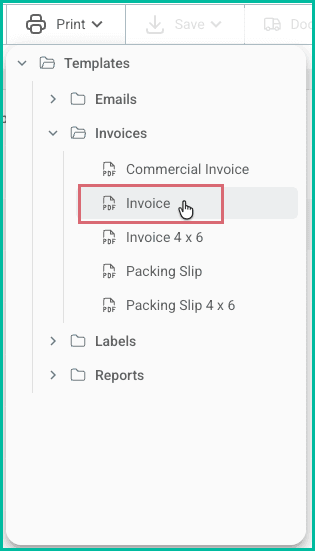 The print button has been clicked and the invoice template is being selected.
