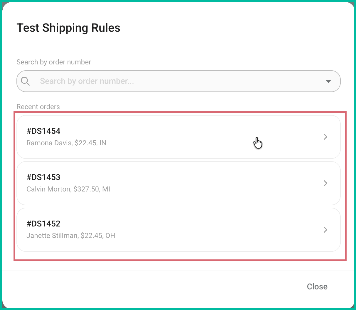 The first of the three listed orders is being clicked.