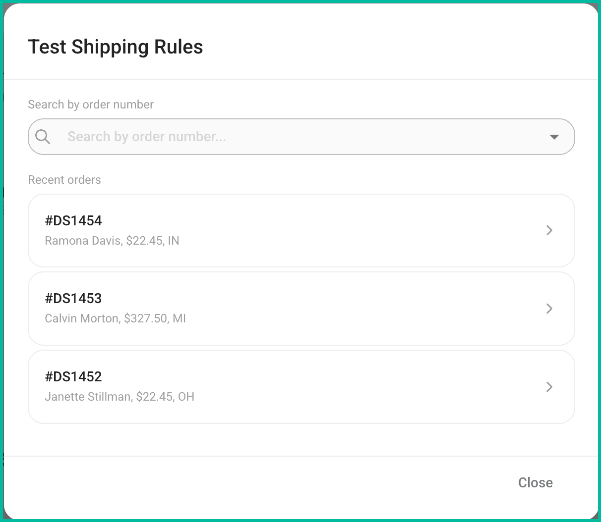 The test shipping rules pop-up is shown.