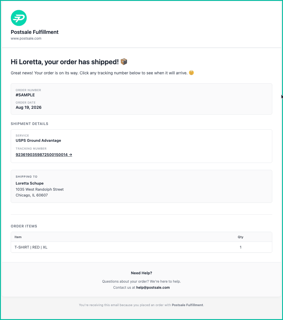 An example of the order shipped notification email template is shown.