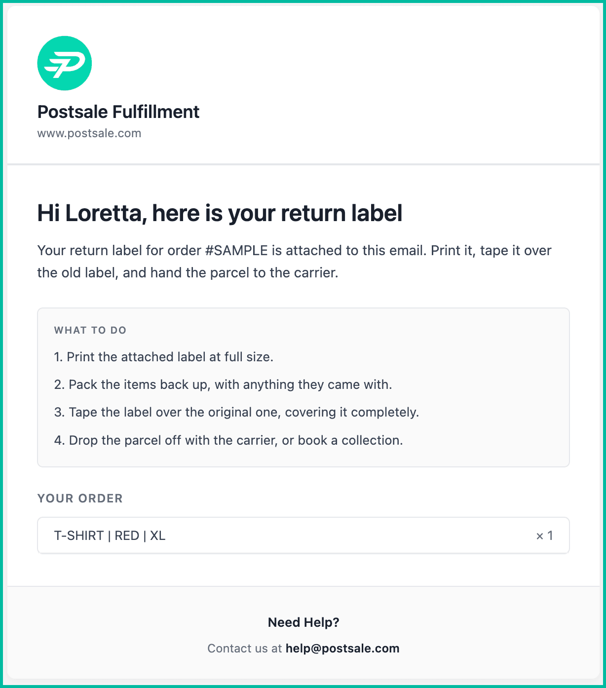 A sample of the return label email template is shown.