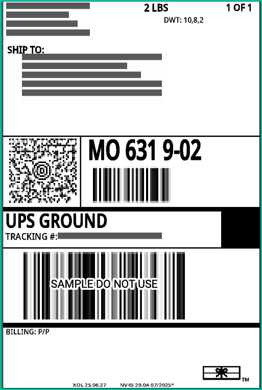 A sample label is shown on a 4x6 inch thermal label.