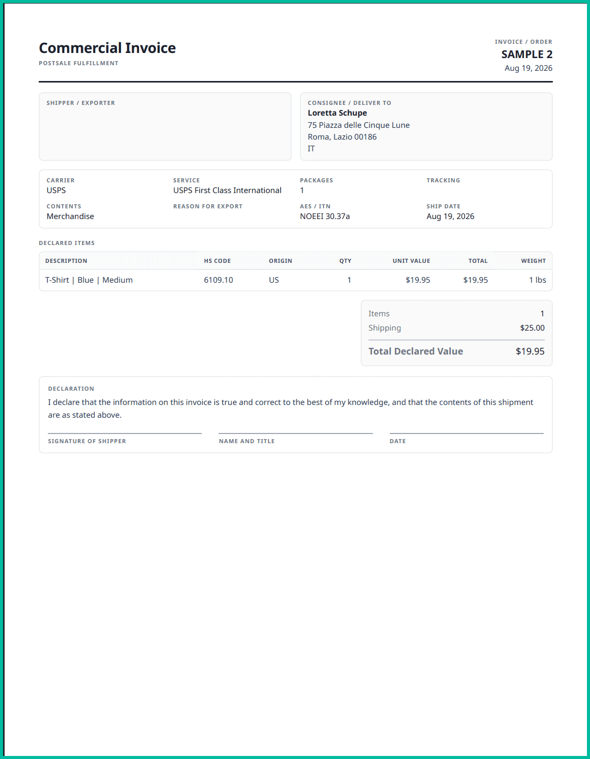 An example of the commercial invoice template is shown.