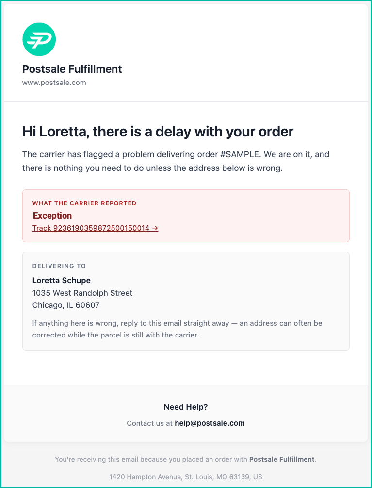 The delivery exception email is shown.