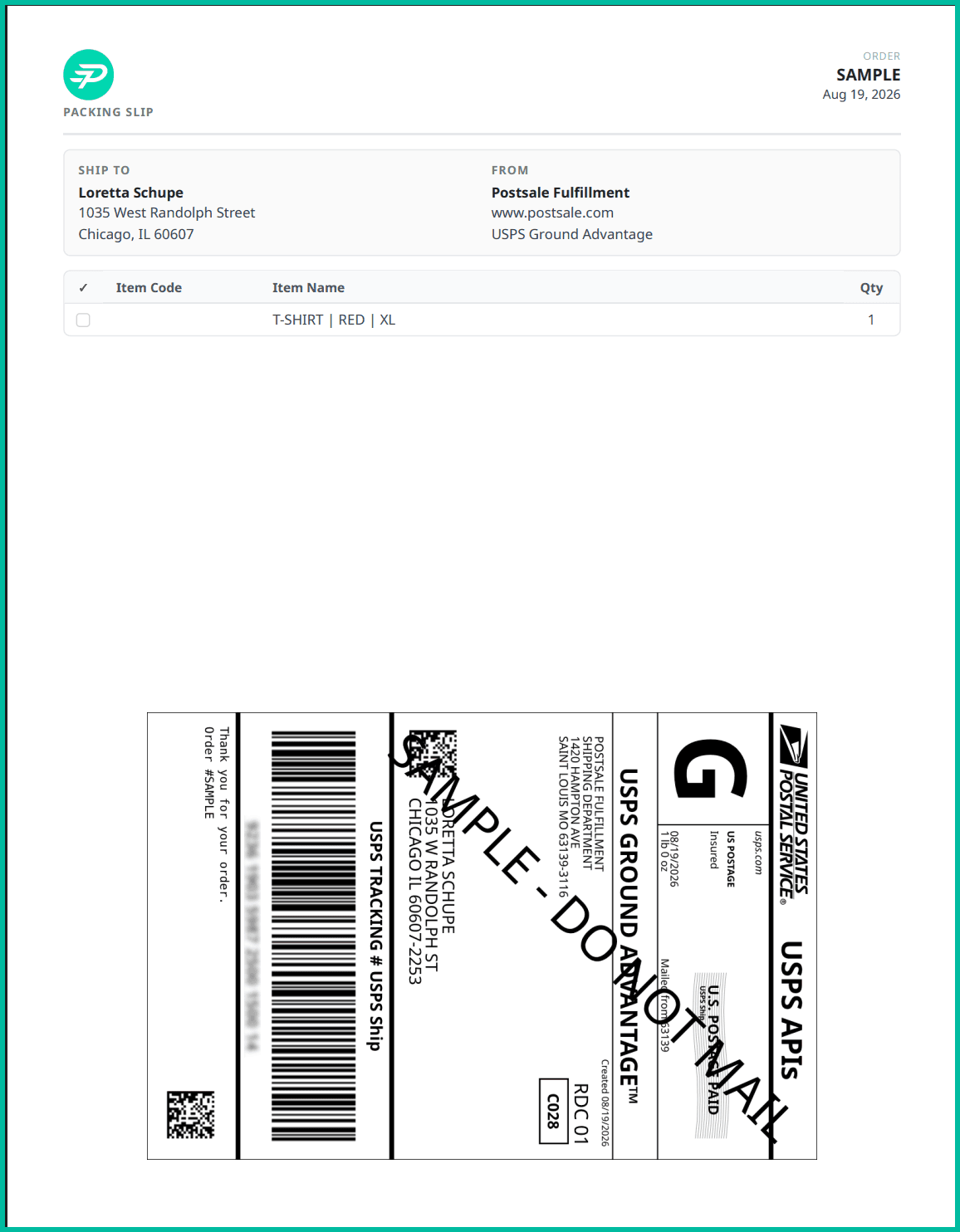 An example of the integrated packing slip with label is shown.