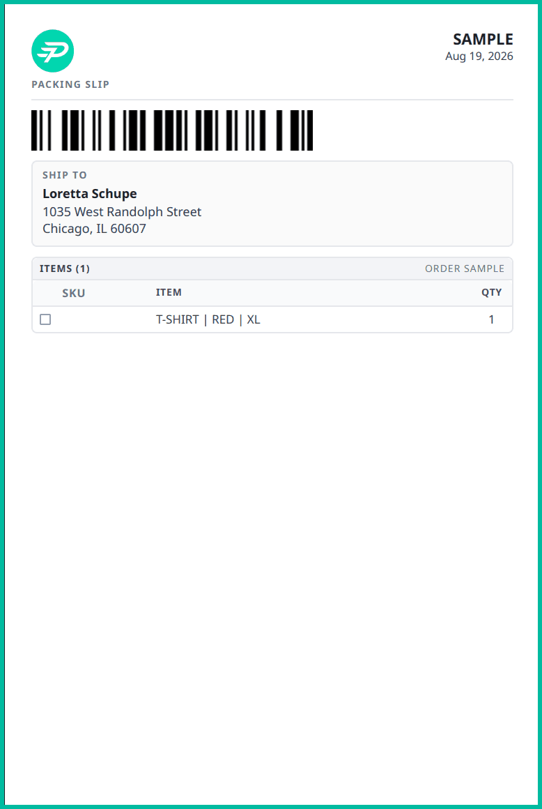 An example of the 4 inch by 6 inch packing slip is shown.