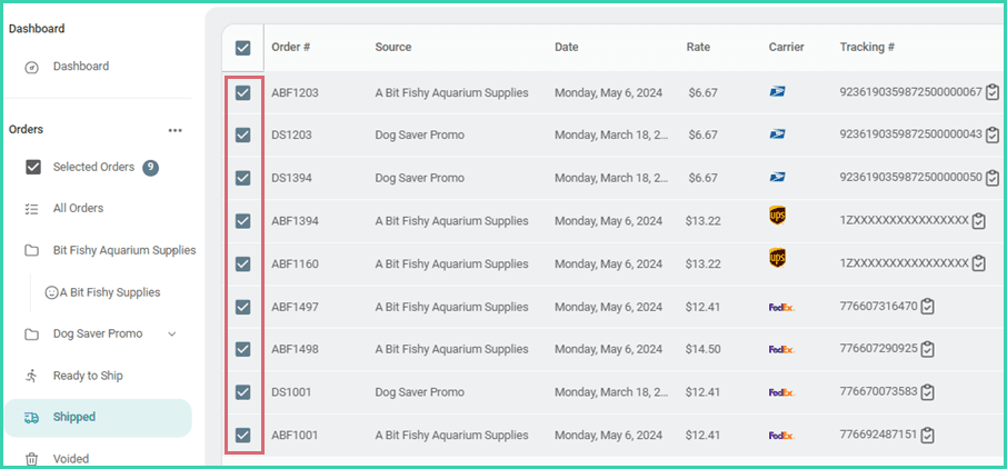 Nine shipped orders are selected on the orders grid.