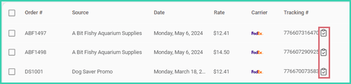 The clipboard icon to copy the tracking number is highlighted in the orders grid.