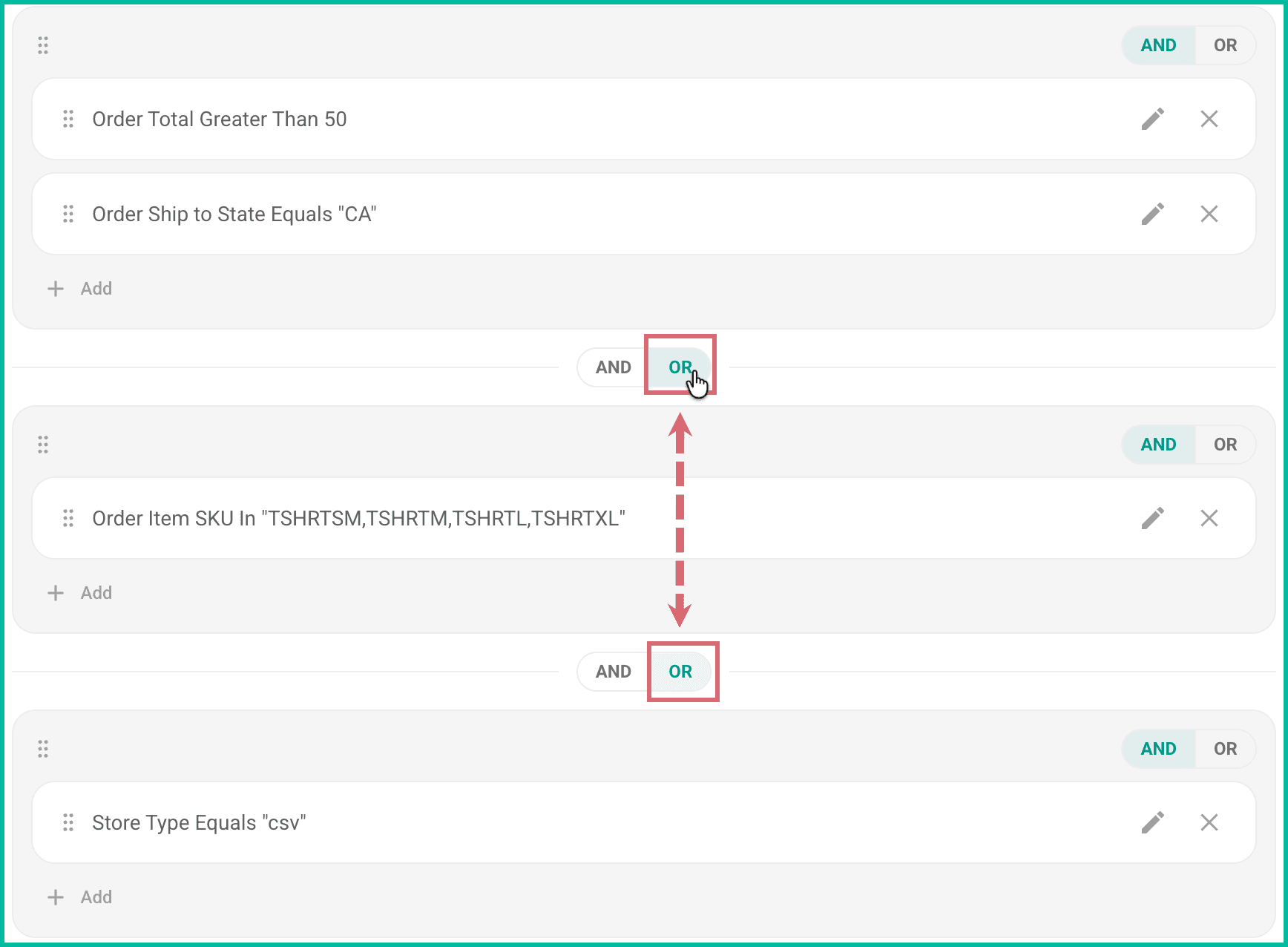 The groups are shown, The And Or toggle has been changed between one set of groups, but all toggles were changed.