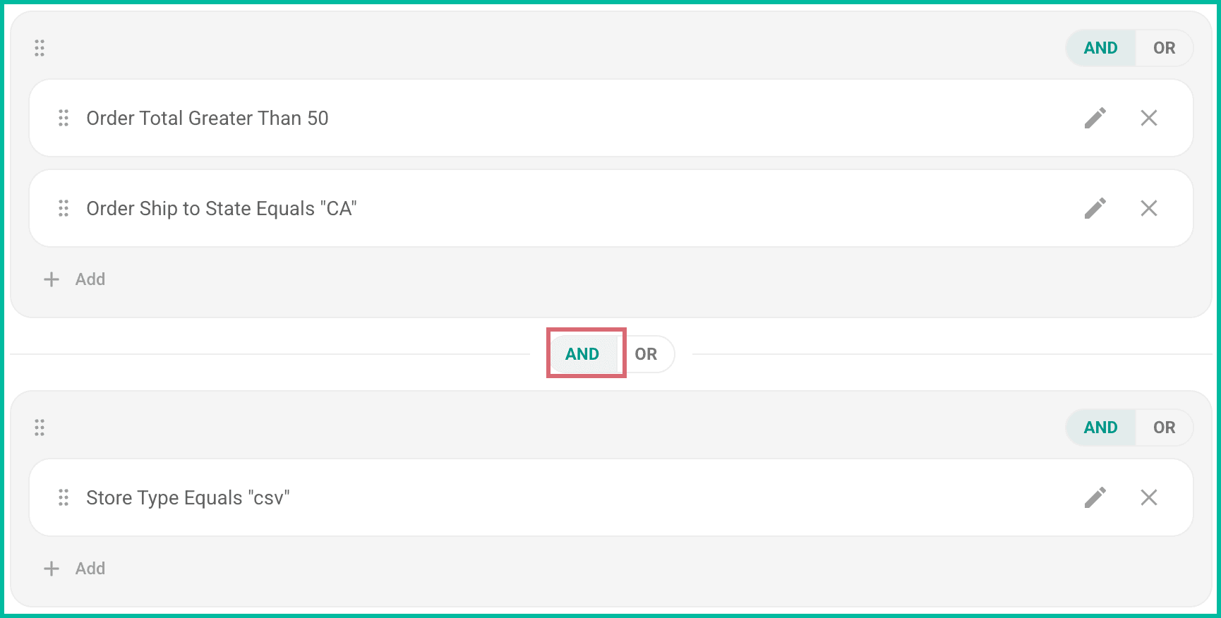 Two groups are shown. AND is selected as the logic between the groups.