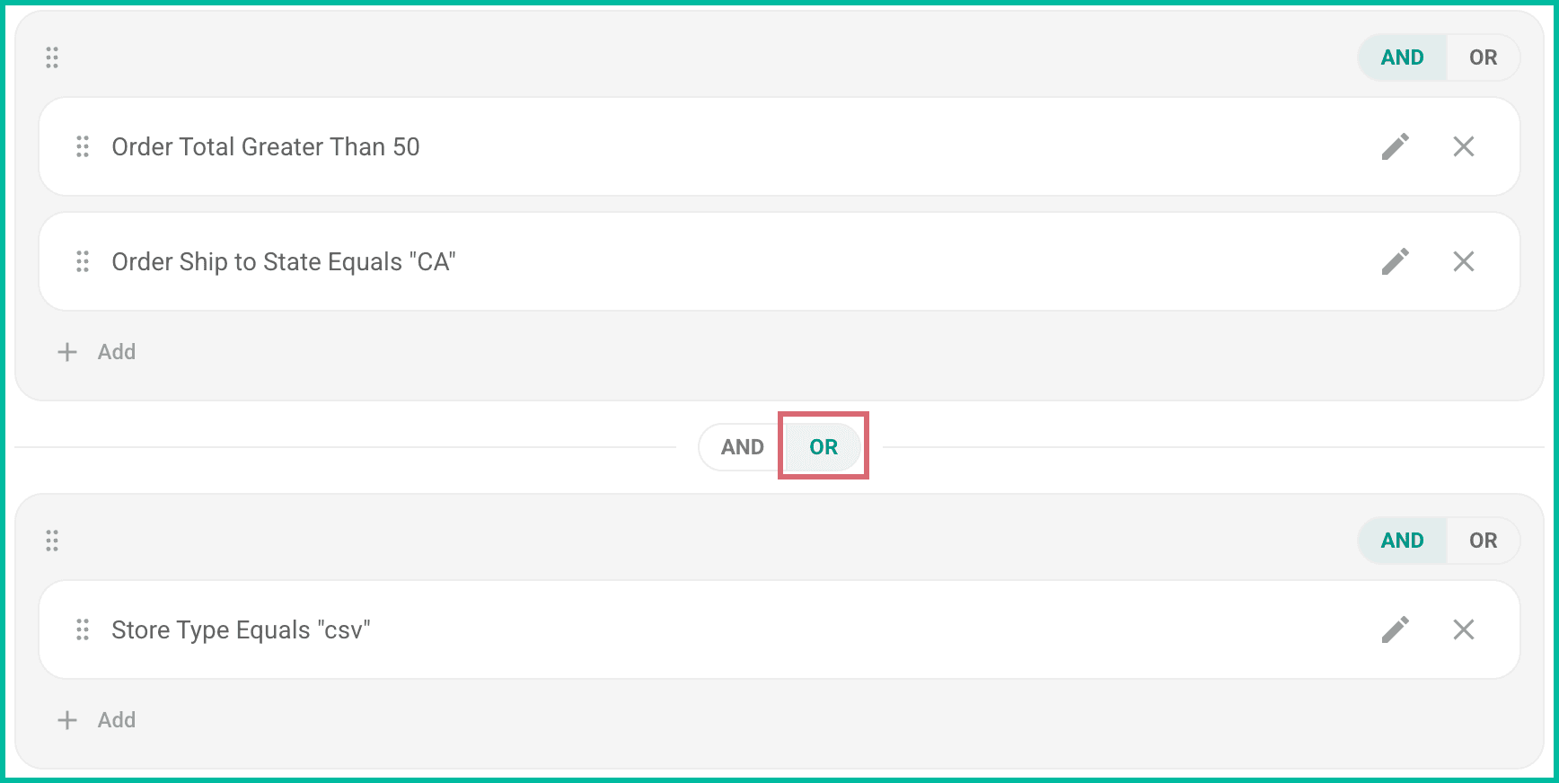 Two groups are shown and OR is set as the logic between the two groups.