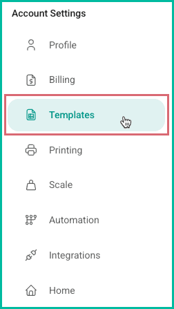 Templates is being selected from the Account Settings menu.