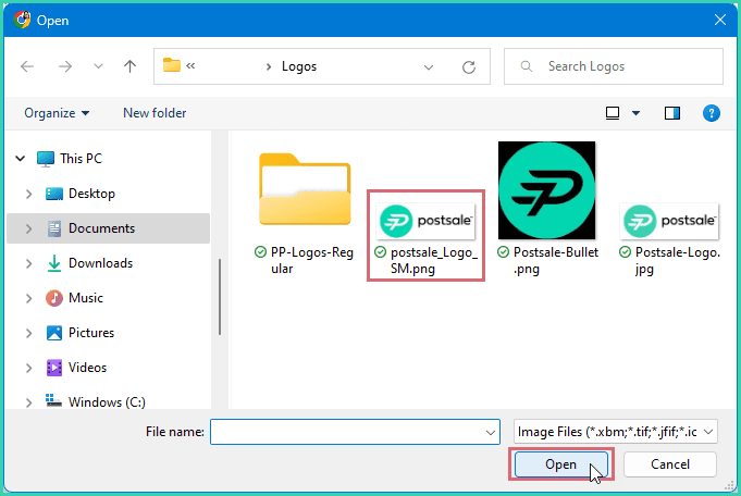 The Postsale logo is selected and the Open button is being clicked.