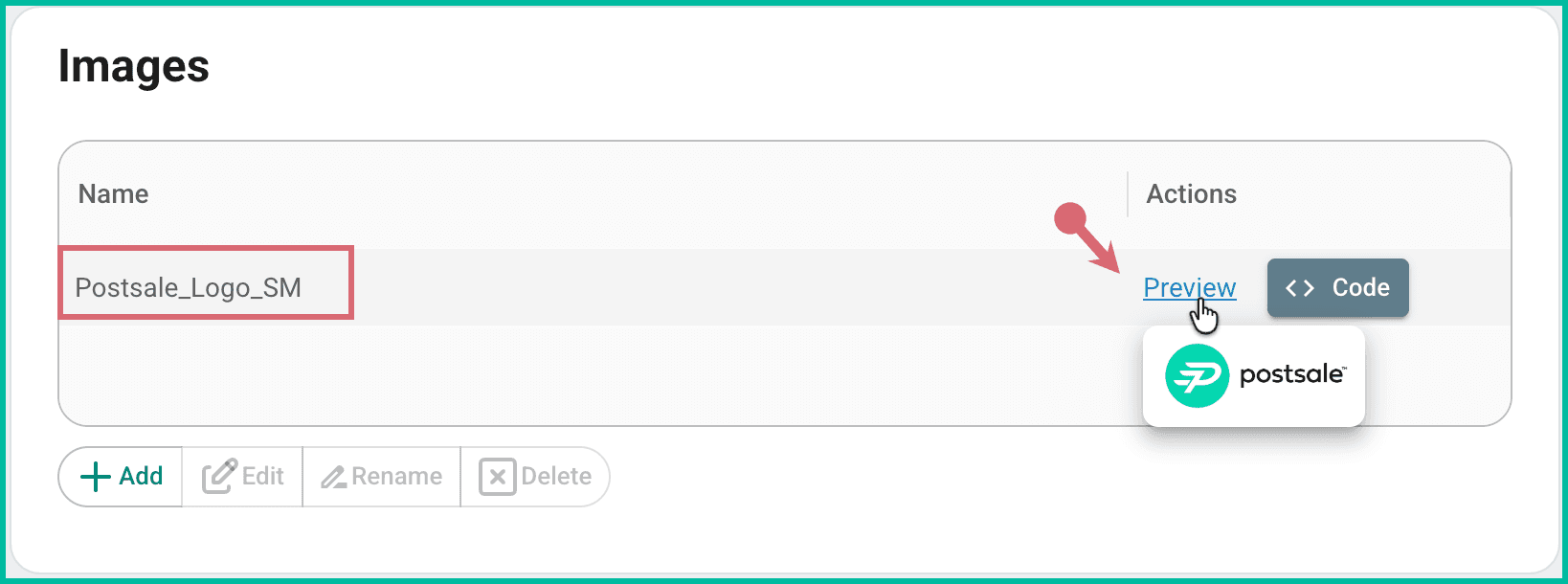 The image name is shown in the images panel. The preview is hovered over and a preview of the image is shown.