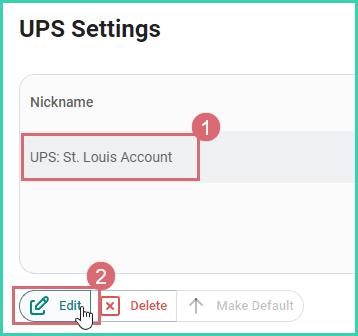 The UPS account is selected and the edit button is being clicked.