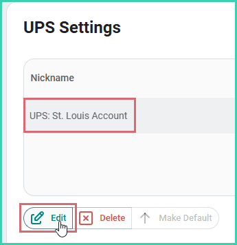 The UPS account has been selected and the edit button is being clicked.