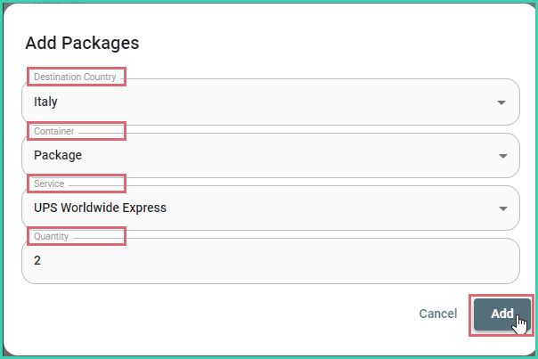 Package details have been entered and the add button is being clicked.